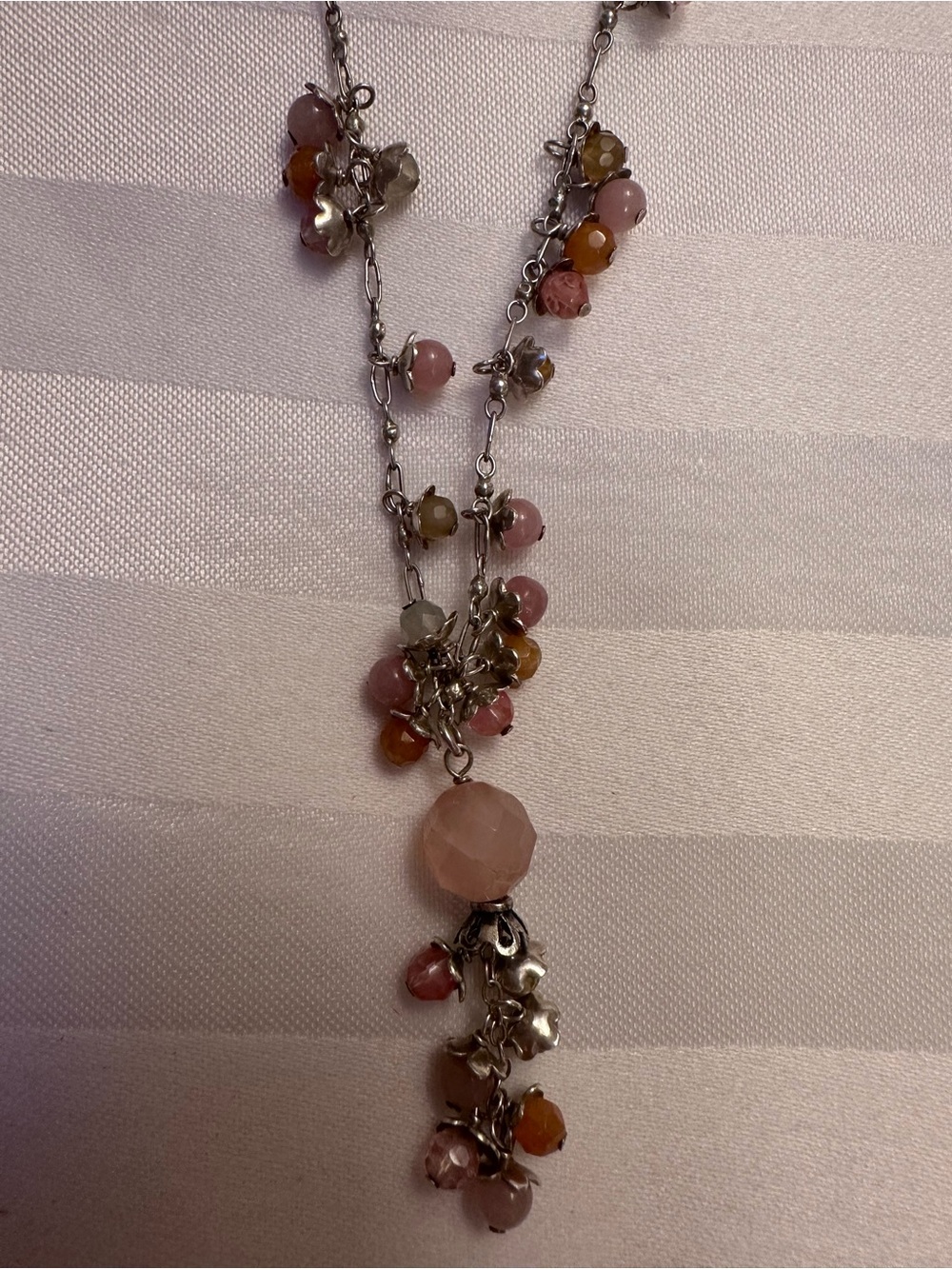 Women's Pink Multi-Bead Silver Pendant Necklace